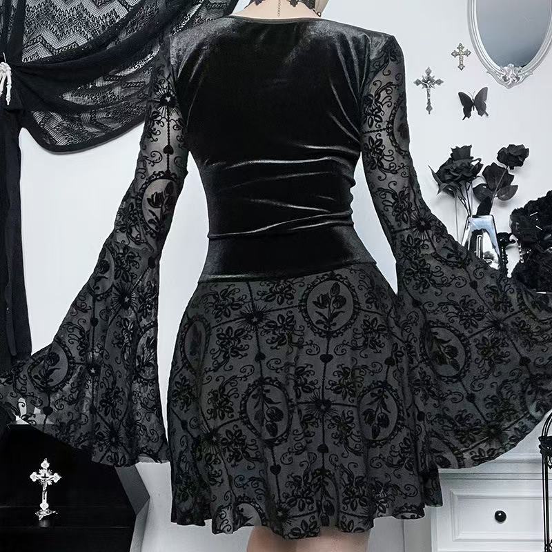Gothic Velvet Floral Lace Bell Sleeve Mini Dress