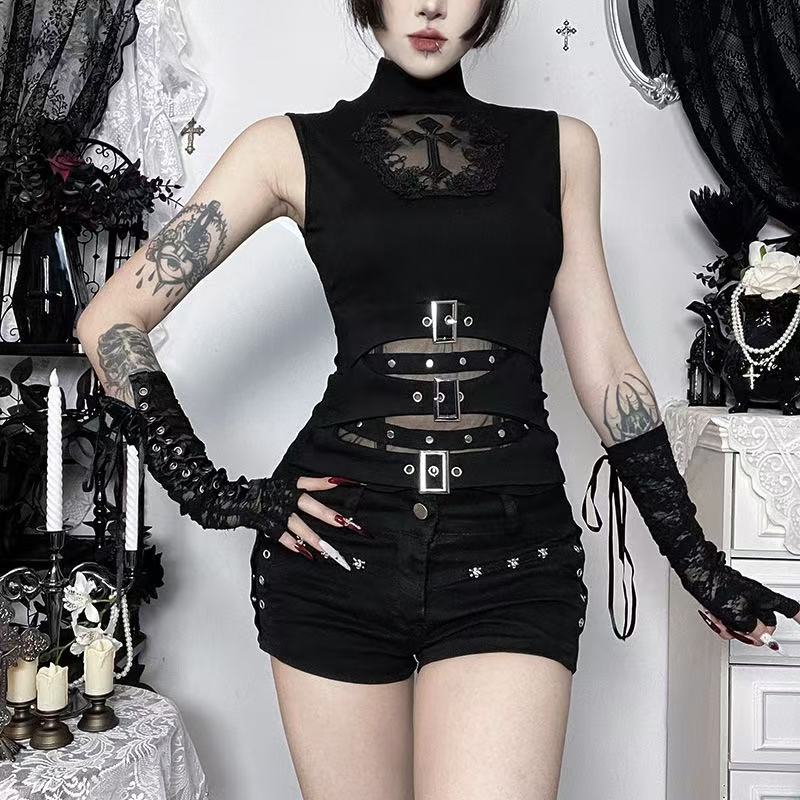 Gothic Cross Lace Cutout Turtleneck Vest
