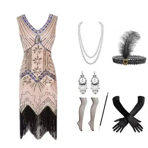 1920s Flapper Dress Set – Blush Gold Blue Sequin Fringe with Accessories
