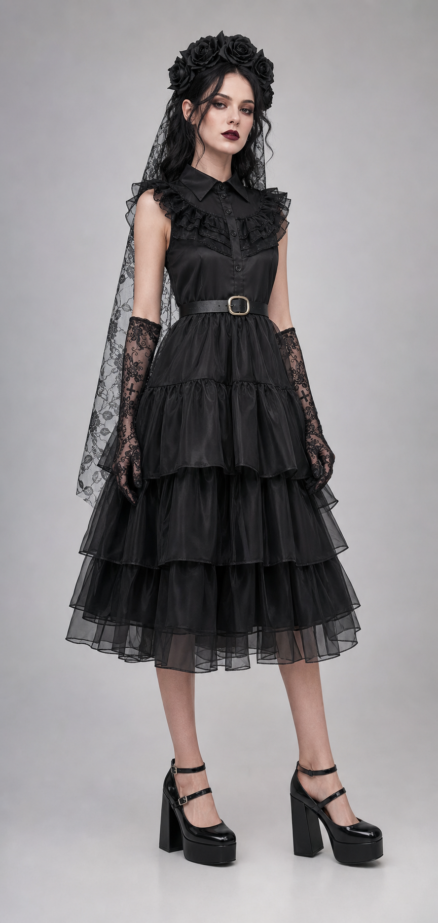 Gothic black rose tiered tulle dress worn by model with lace veil and accessories