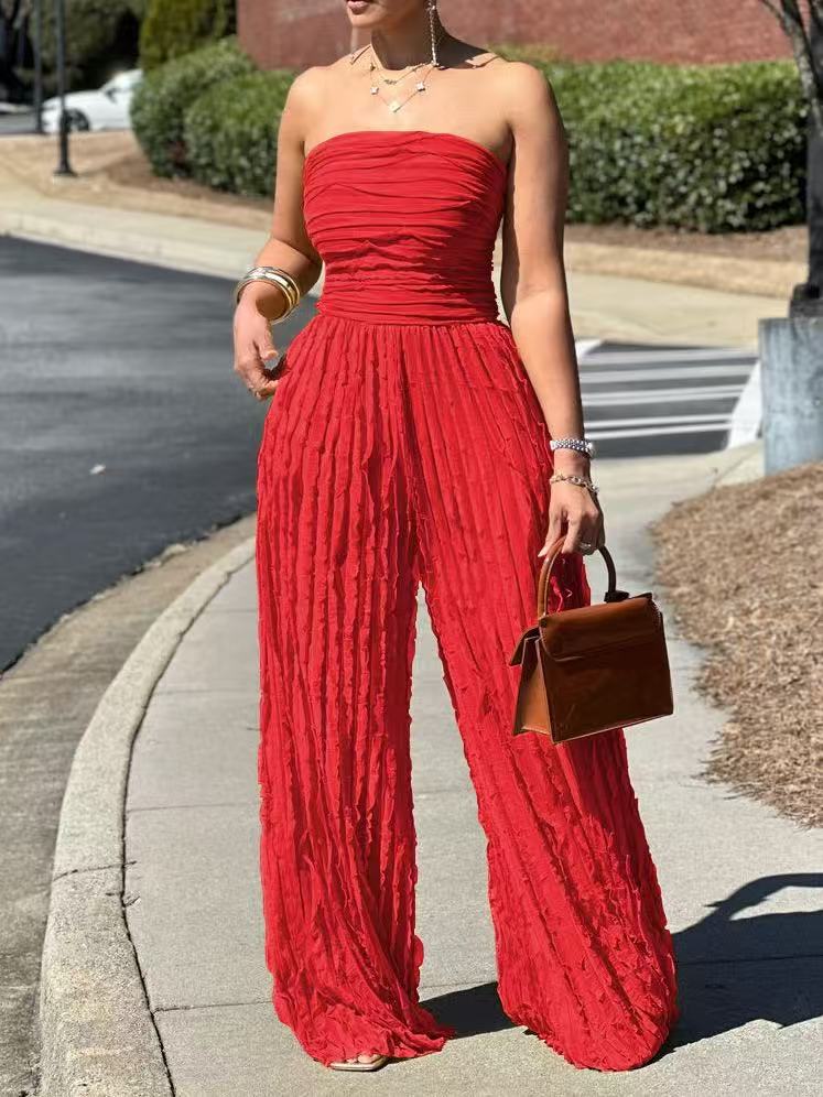 Textured Strapless Wide-Leg Jumpsuit