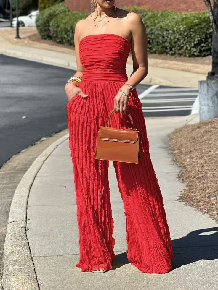 Textured Strapless Wide-Leg Jumpsuit