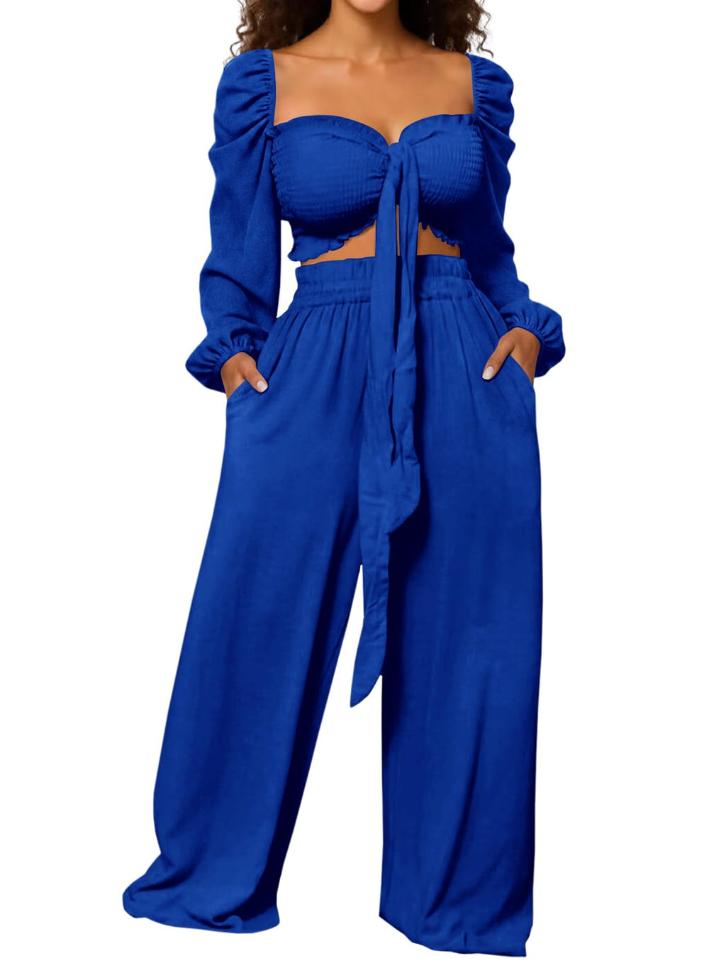 Square Neck Puff Sleeve Crop Top & Wide-Leg Pants Set