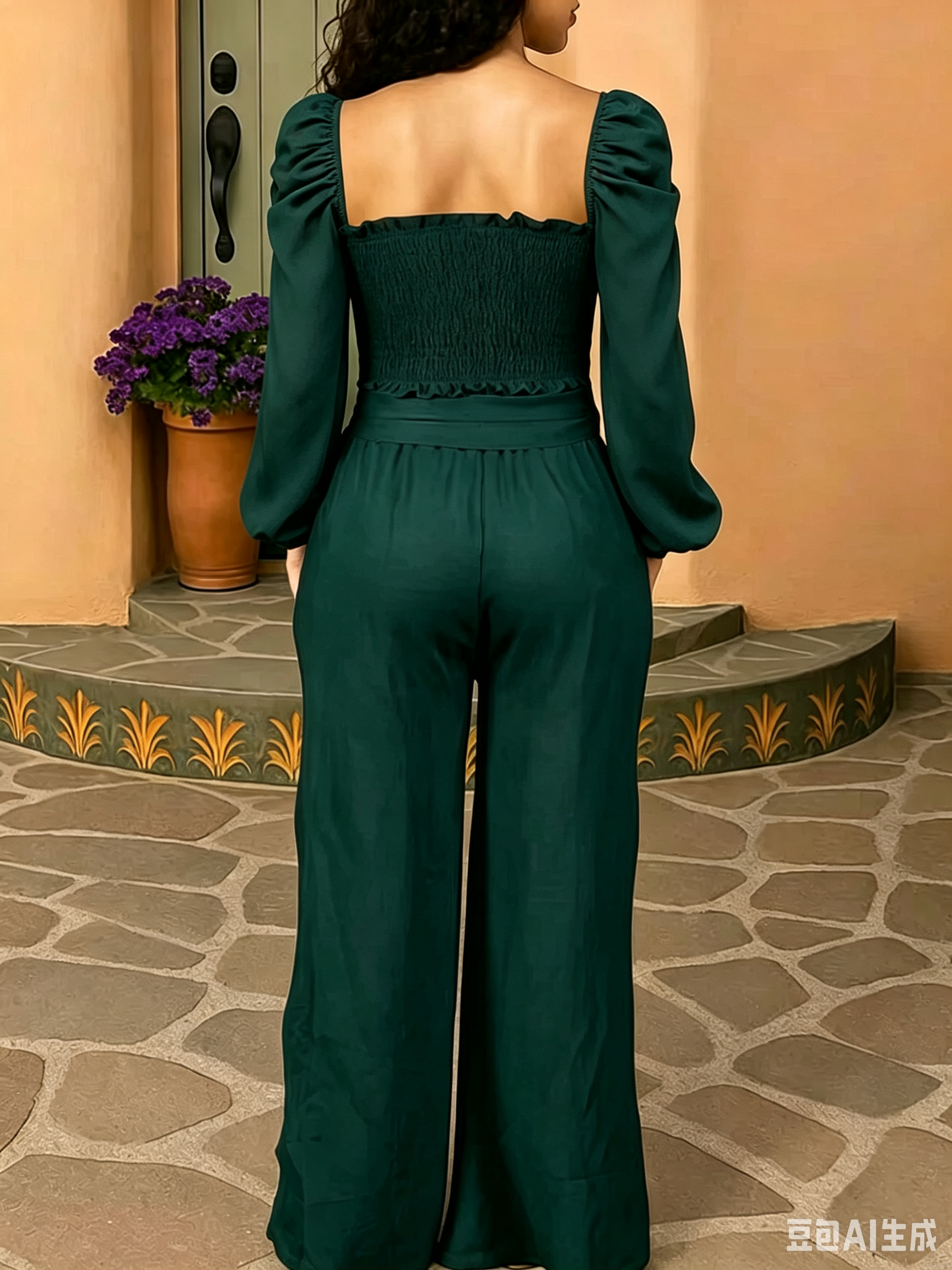 Square Neck Puff Sleeve Crop Top & Wide-Leg Pants Set