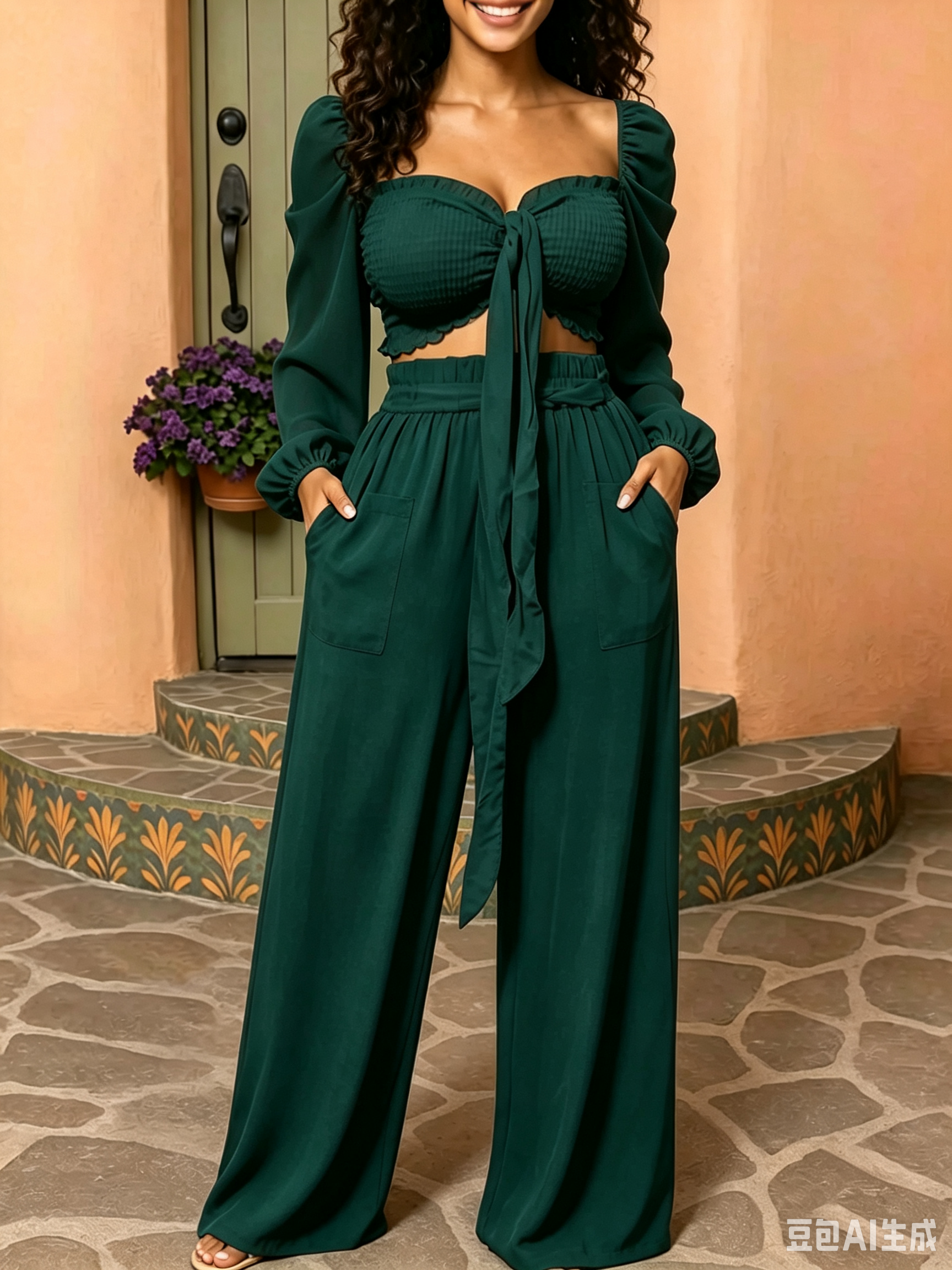 Square Neck Puff Sleeve Crop Top & Wide-Leg Pants Set