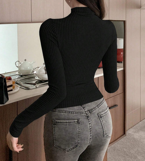 Black Mock Neck Slim Fit Ribbed Knit Sweater