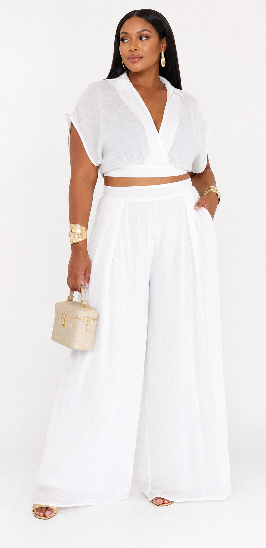 White Crop Top & Wide-Leg Pants Set