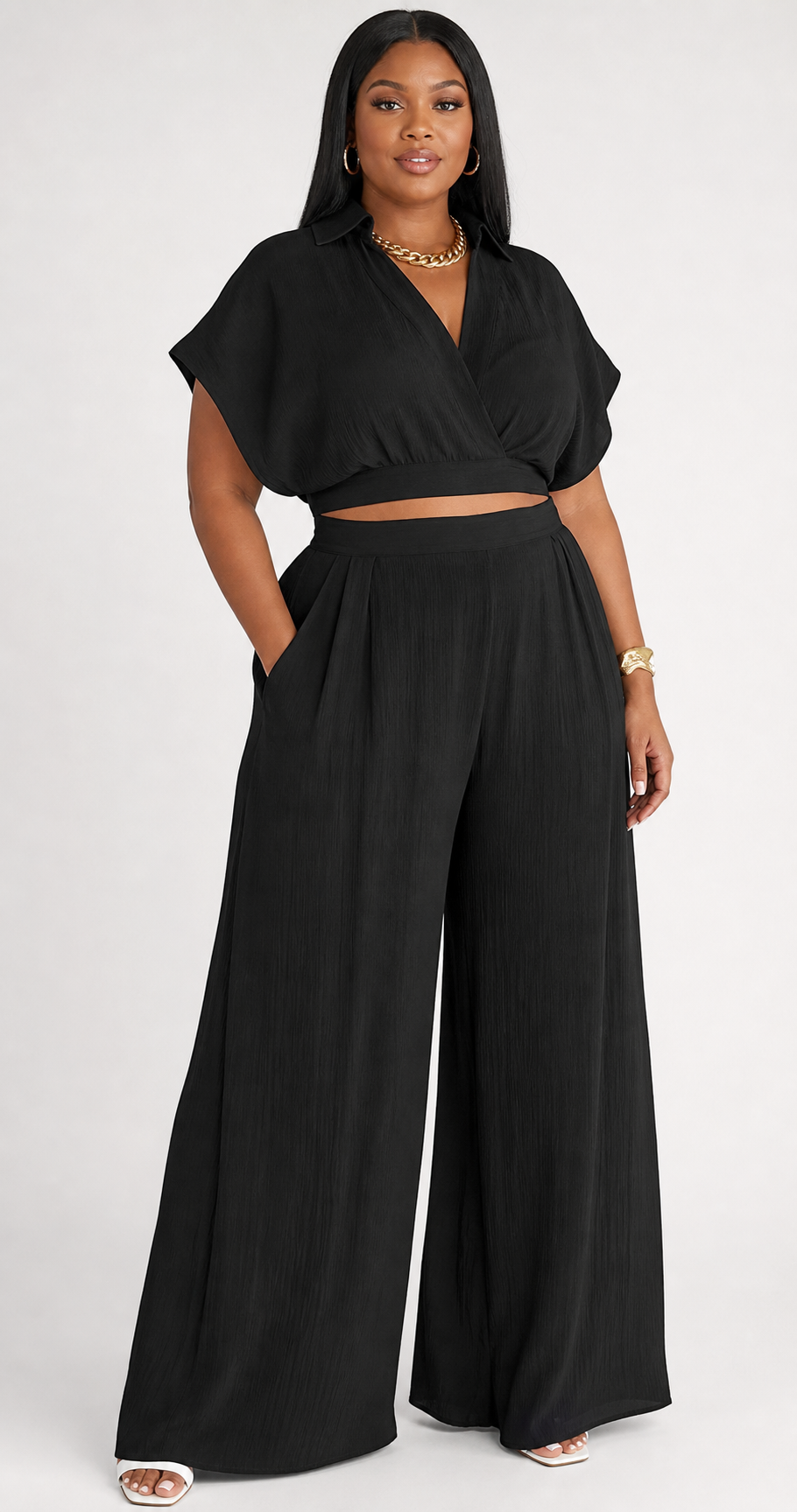 White Crop Top & Wide-Leg Pants Set