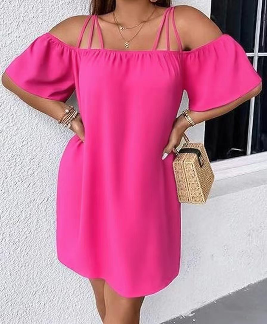 Hot pink off-shoulder mini dress with flutter sleeves and double spaghetti straps