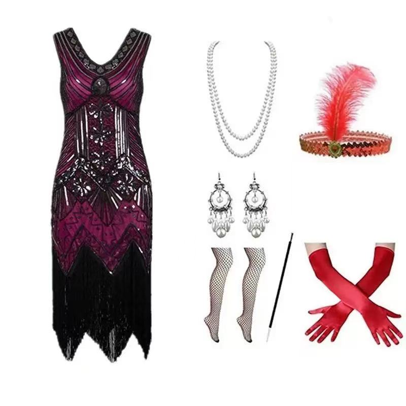 1920s magenta black flapper dress set flat lay showing dress and all accessories