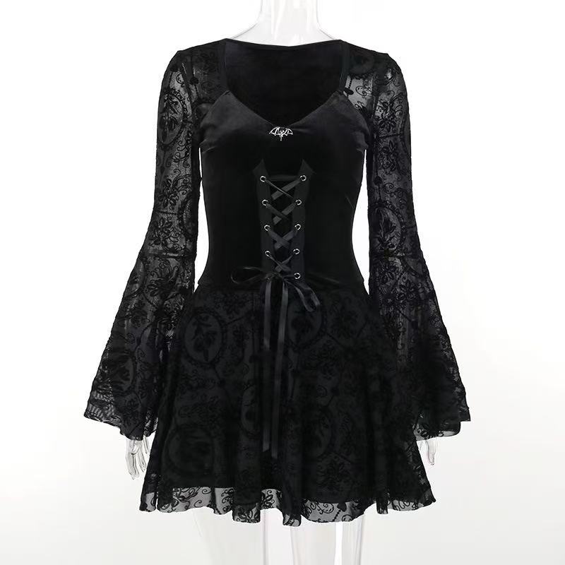 Gothic Velvet Floral Lace Bell Sleeve Mini Dress