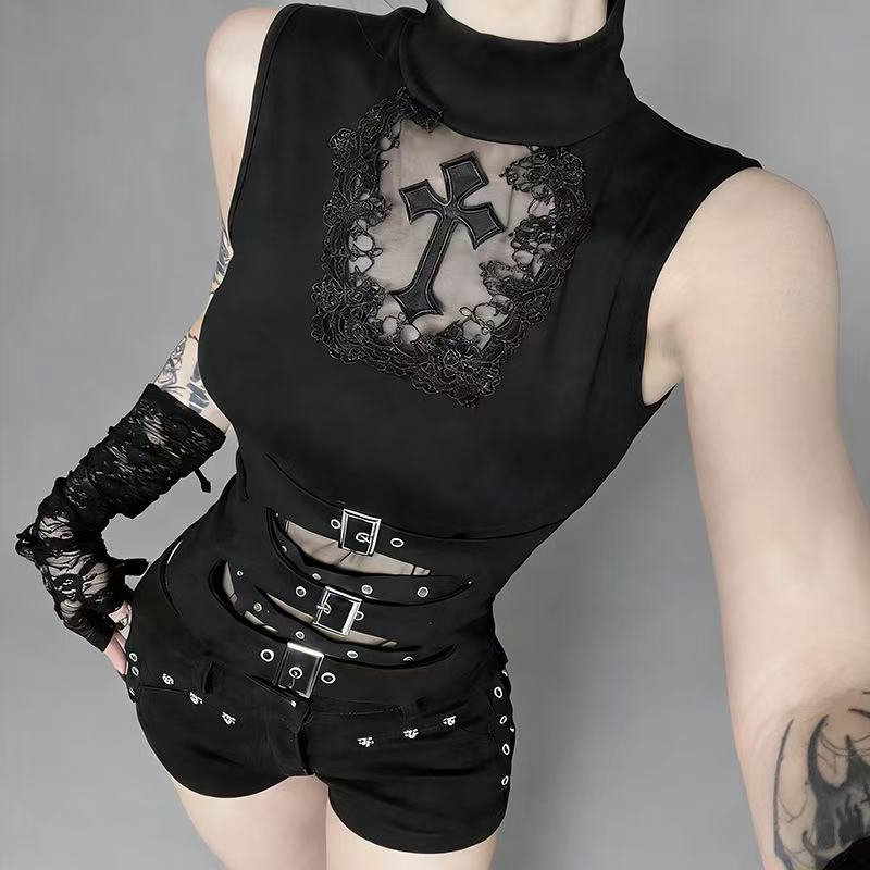 Gothic Cross Lace Cutout Turtleneck Vest