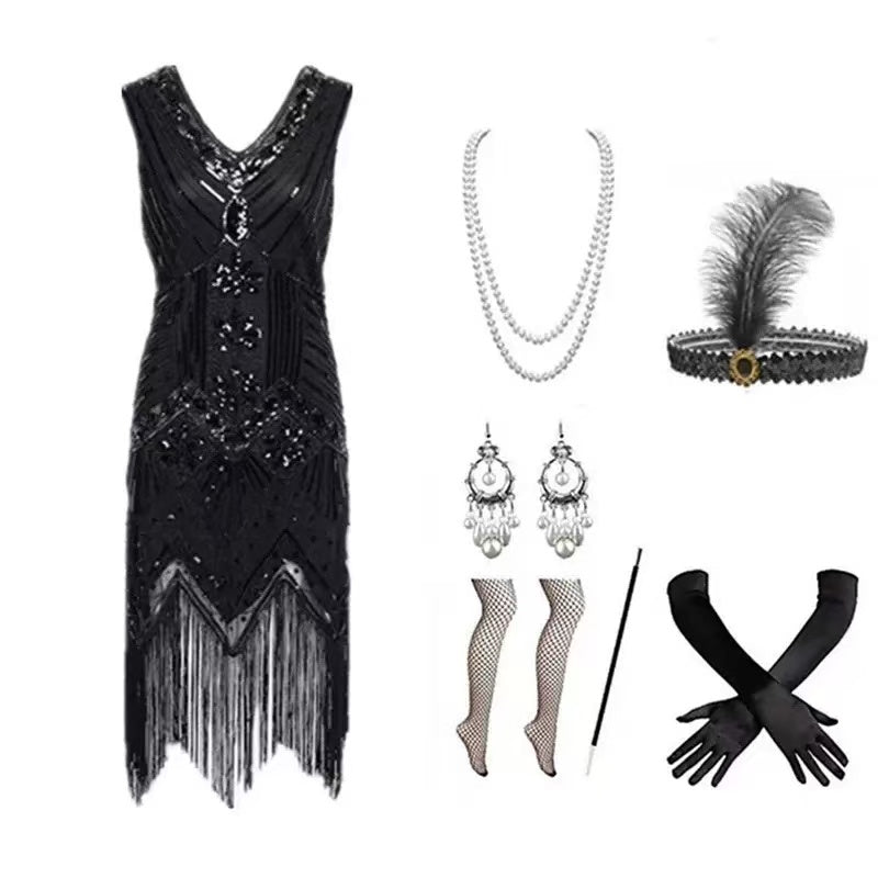 1920s all black flapper dress set flat lay showing dress and all accessories