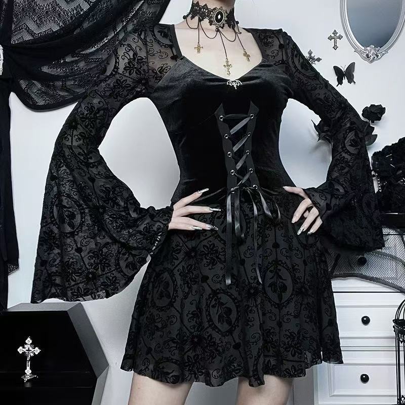 Gothic Velvet Floral Lace Bell Sleeve Mini Dress