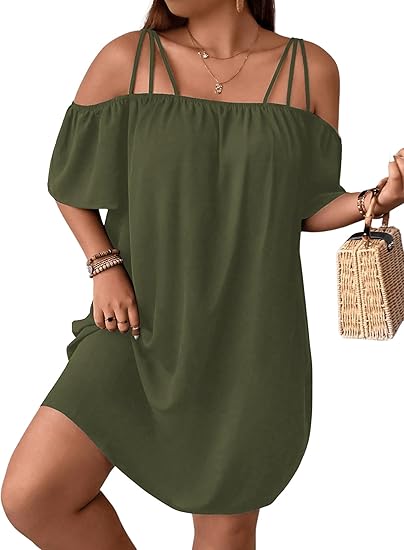 Army green off-shoulder mini dress plus size
