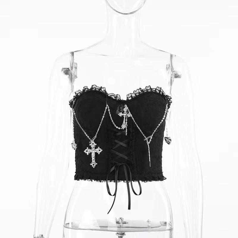 Gothic Cross Chain Lace Bustier Top