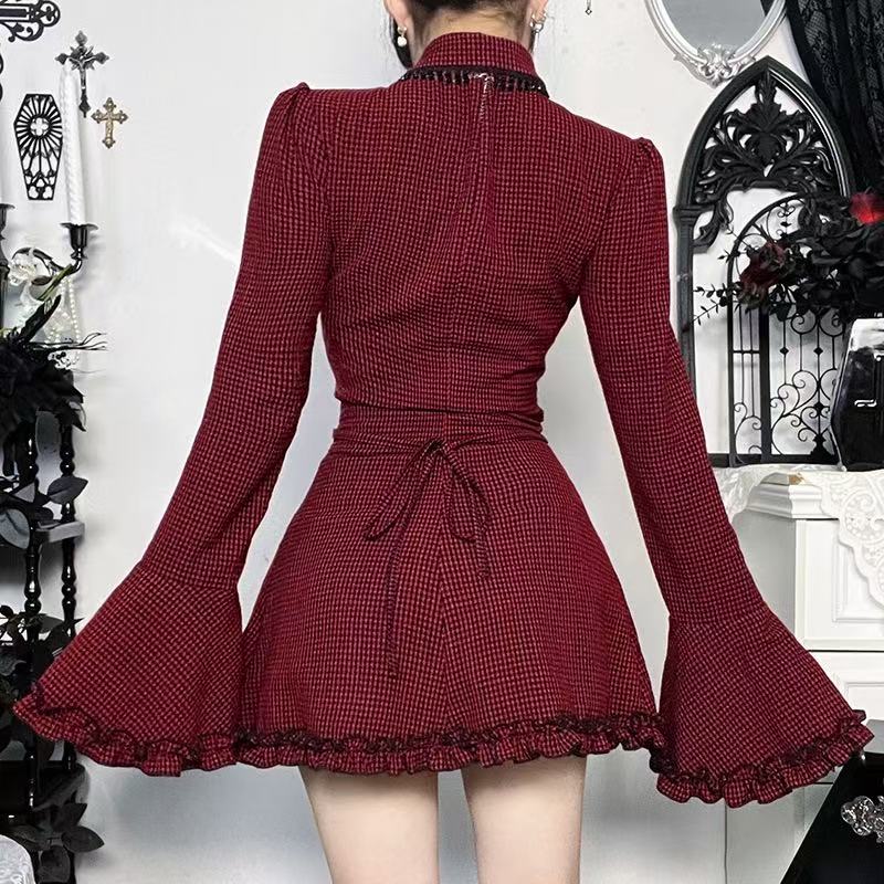 Gothic Red Plaid Bell Sleeve Ruffle Mini Dress