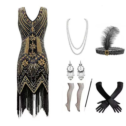 1920s Flapper Dress Set – Black Gold Sequin Fringe with Accessories