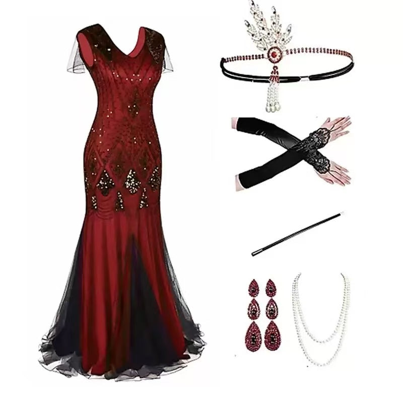 1920s burgundy black Gatsby maxi dress set flat lay showing dress and all accessories