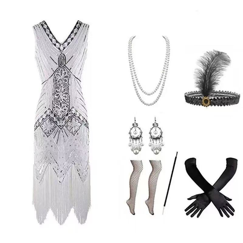 1920s white silver flapper dress set flat lay showing dress and all accessories