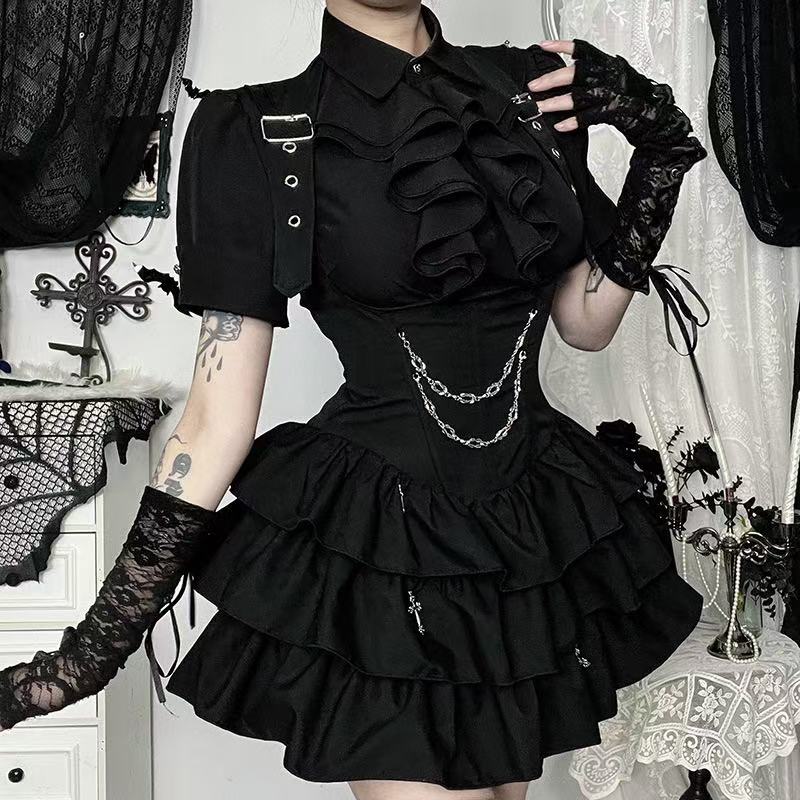 Gothic Chain Cross Halter Ruffle Mini Dress