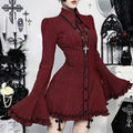 Gothic Red Plaid Bell Sleeve Ruffle Mini Dress