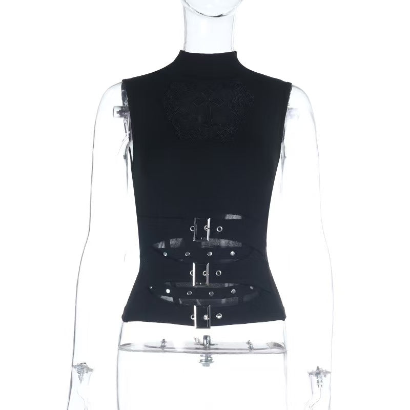 Gothic Cross Lace Cutout Turtleneck Vest
