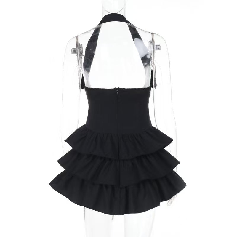 Gothic Chain Cross Halter Ruffle Mini Dress