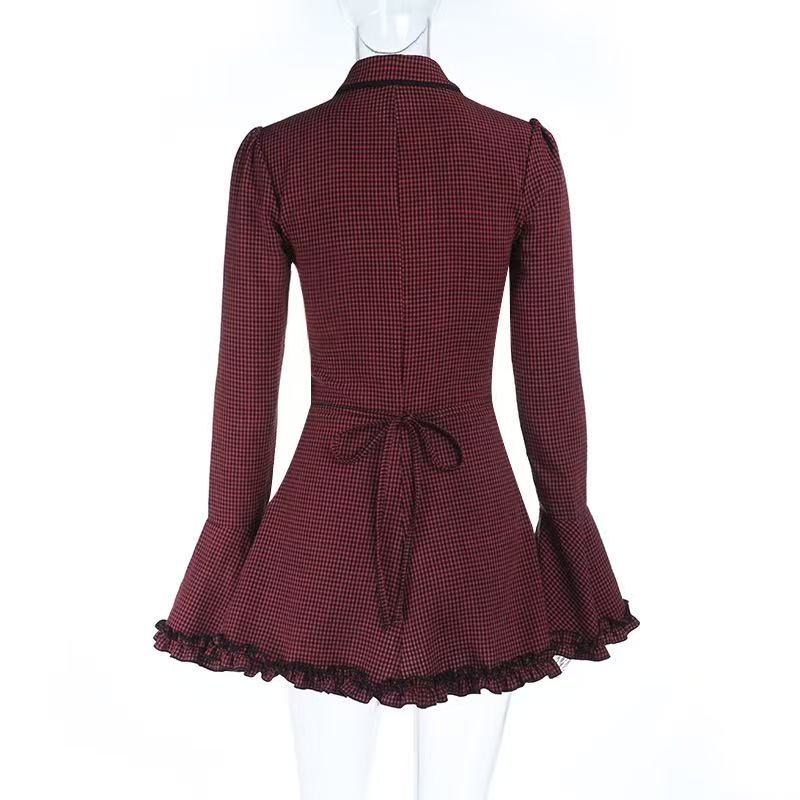 Gothic Red Plaid Bell Sleeve Ruffle Mini Dress