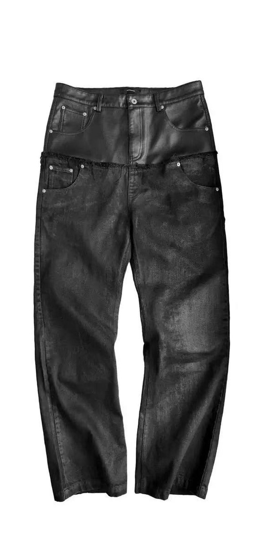Gothic Black Coated Patchwork Straight-Leg Pants – Unisex Streetwear