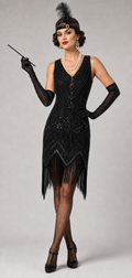 1920s all black flapper dress worn by model with full accessories
