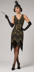 1920s Flapper Dress Set – Black Gold Sequin Fringe with Accessories