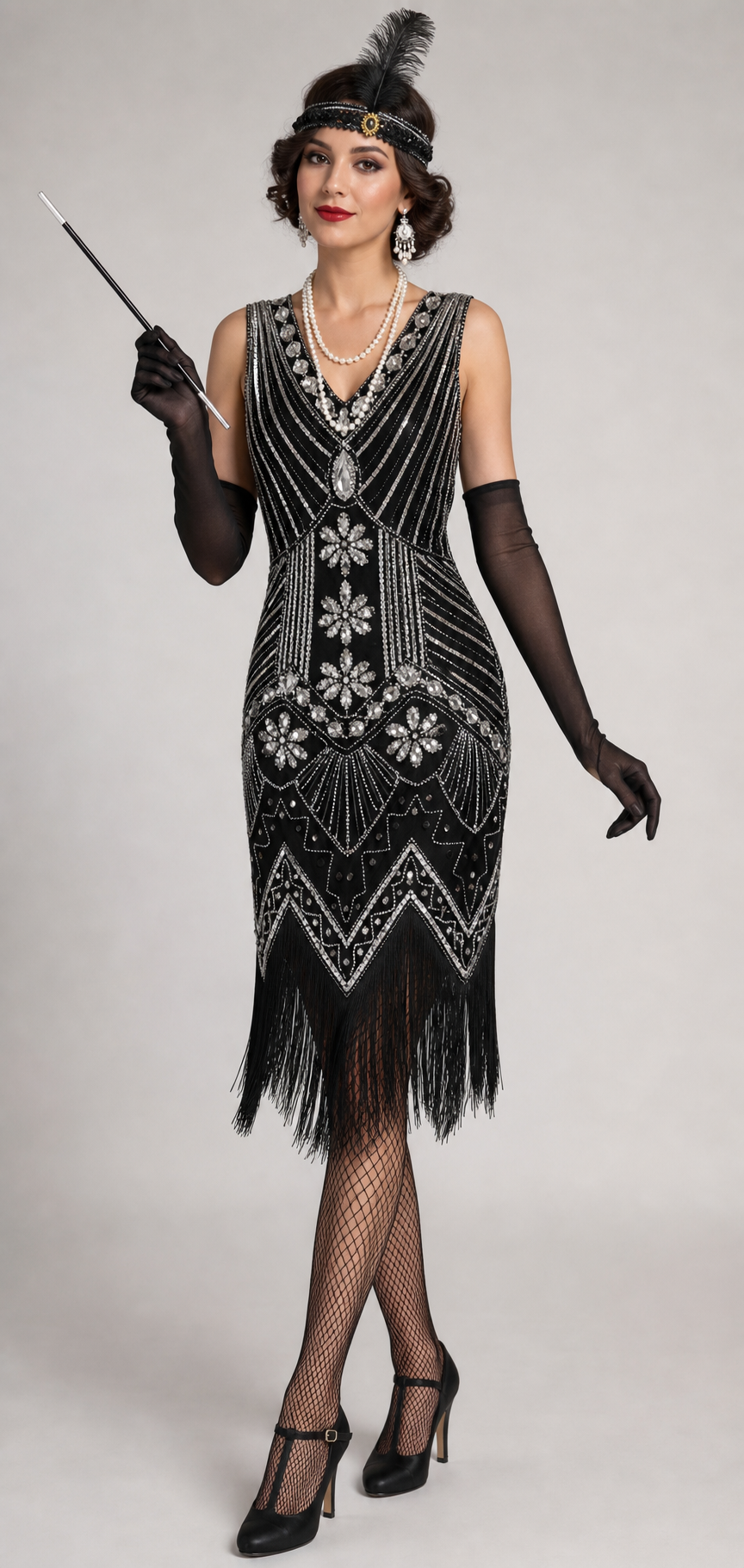 1920s Flapper Dress Set – Black Silver Sequin Fringe with Accessories