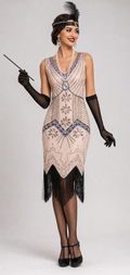 1920s Flapper Dress Set – Blush Gold Blue Sequin Fringe with Accessories