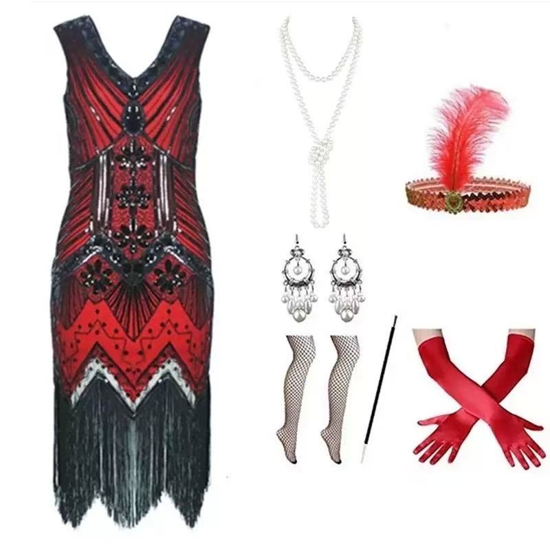 1920s red black flapper dress set flat lay showing dress and all accessories