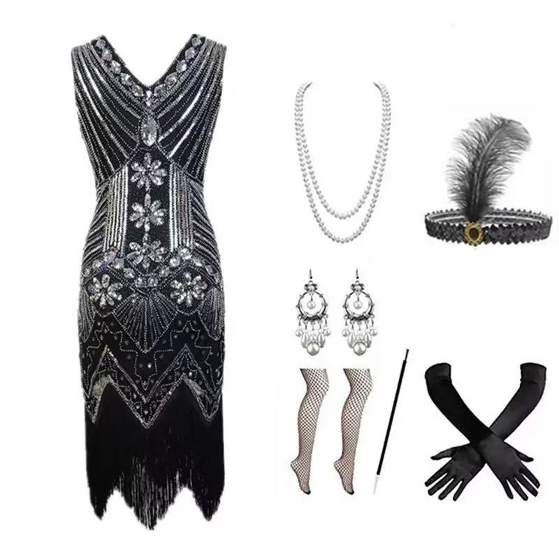 1920s Flapper Dress Set – Black Silver Sequin Fringe with Accessories