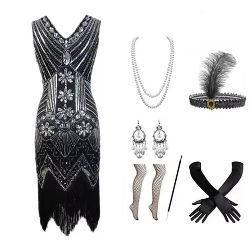 1920s Flapper Dress Set – Black Silver Sequin Fringe with Accessories