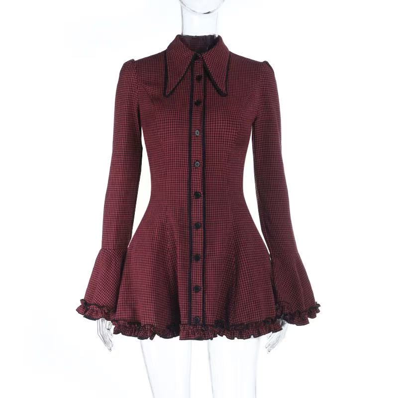 Gothic Red Plaid Bell Sleeve Ruffle Mini Dress
