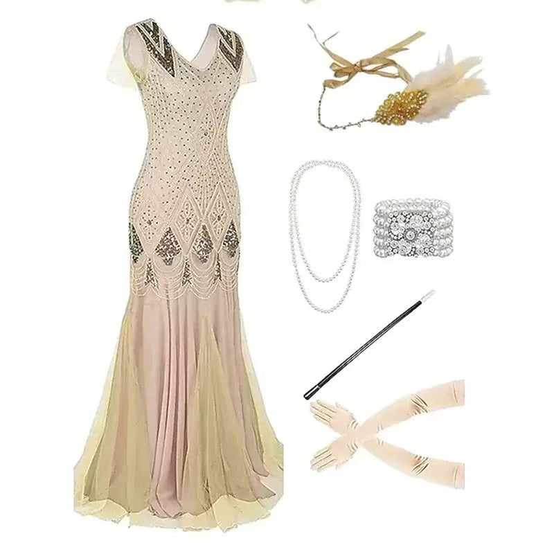 1920s ivory champagne Gatsby maxi dress set flat lay showing dress and all accessories