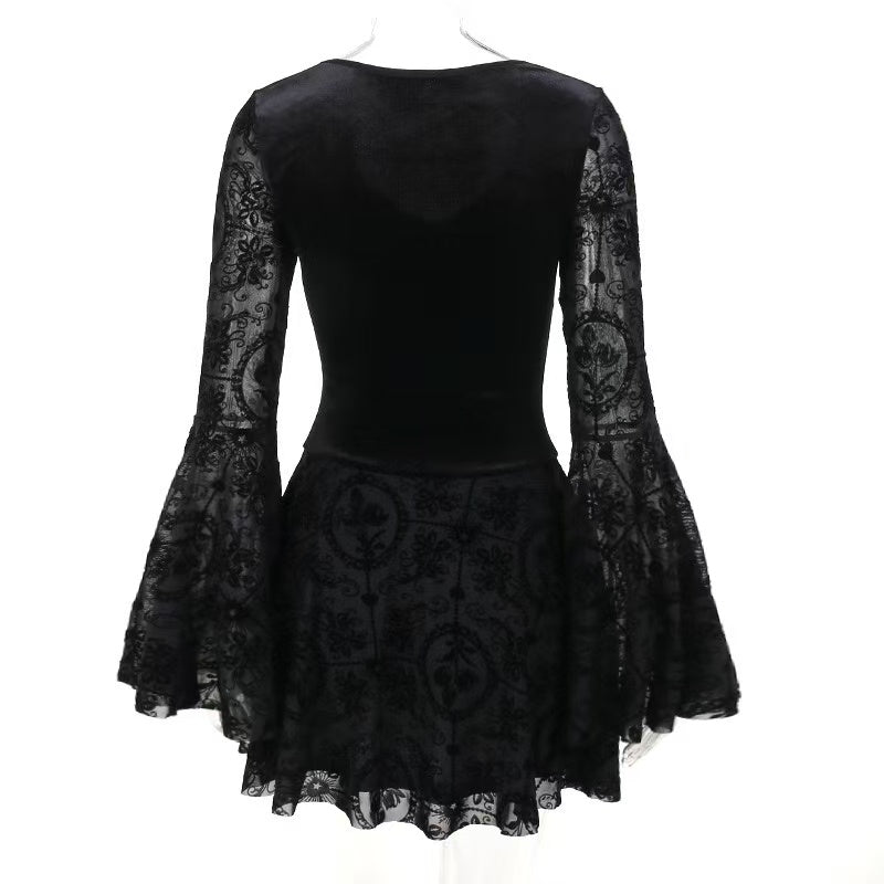 Gothic Velvet Floral Lace Bell Sleeve Mini Dress