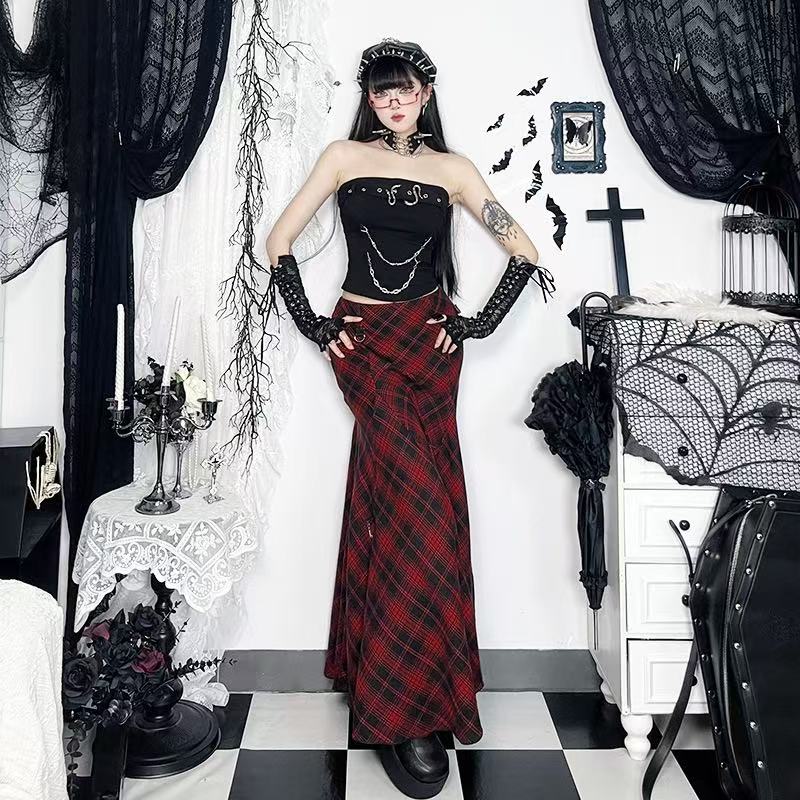 Gothic Red Plaid Layered Skirt