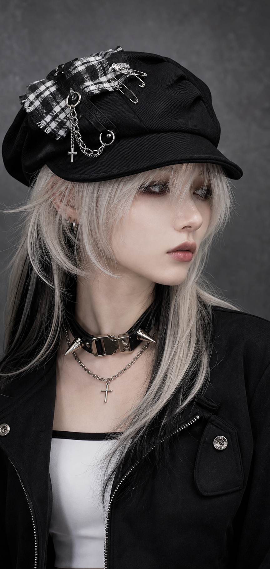 Punk Gothic Newsboy Cap – Black Plaid Chain Cross Pin Hat
