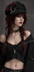 Punk Gothic Newsboy Cap – Red Plaid Chain Cross Pin Hat