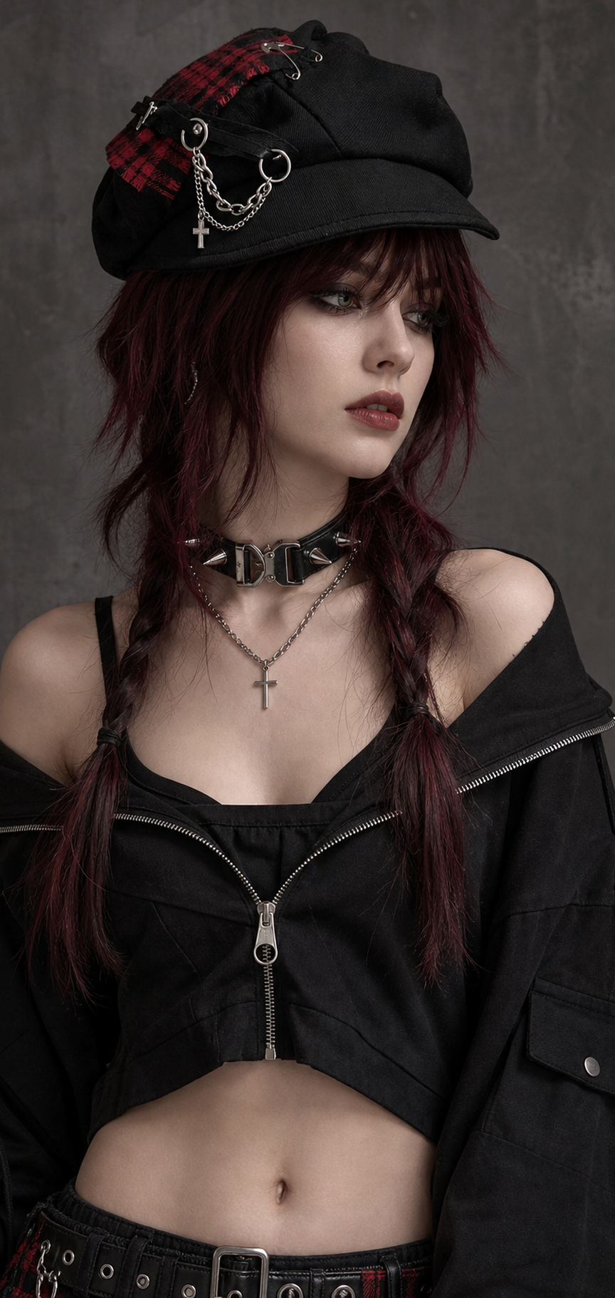 Punk Gothic Newsboy Cap – Red Plaid Chain Cross Pin Hat