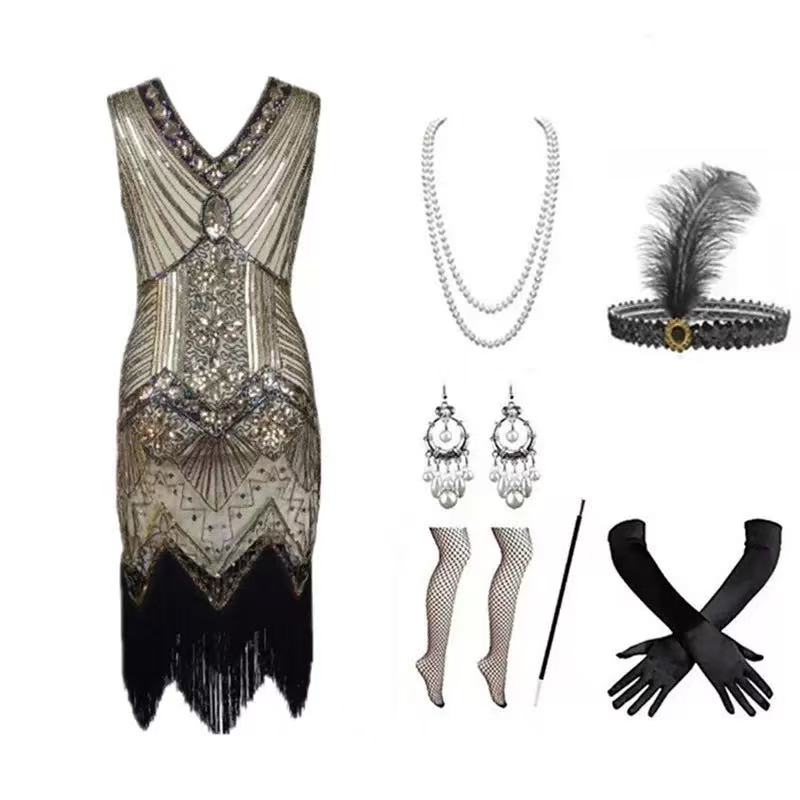 1920s champagne gold flapper dress set flat lay showing dress and all accessories