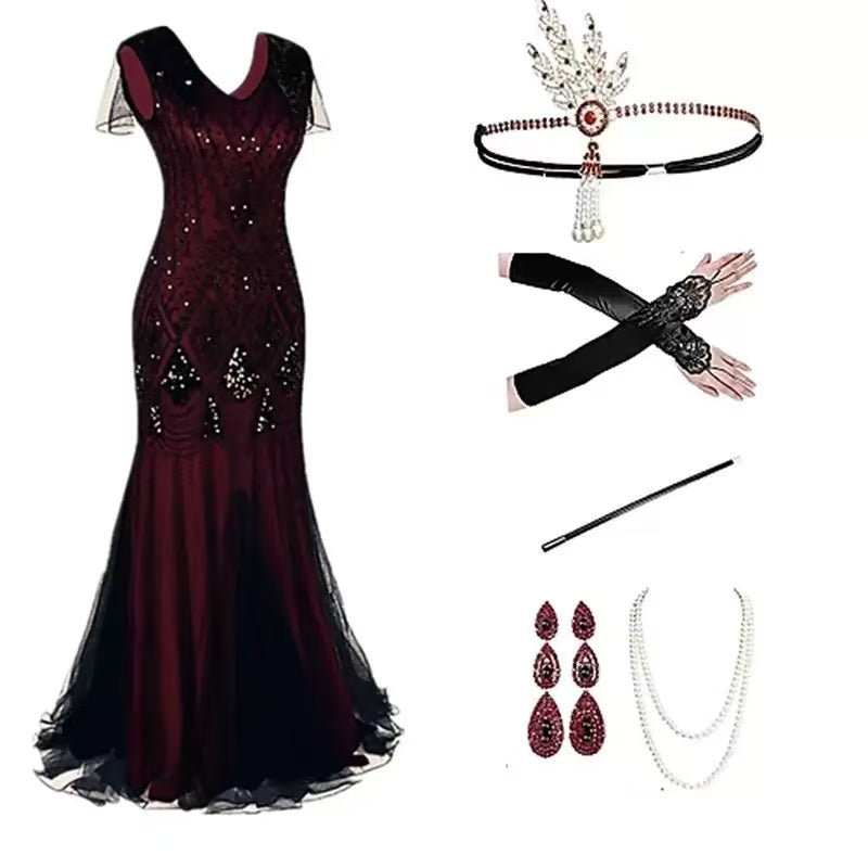 1920s dark wine black Gatsby maxi dress set flat lay showing dress and all accessories