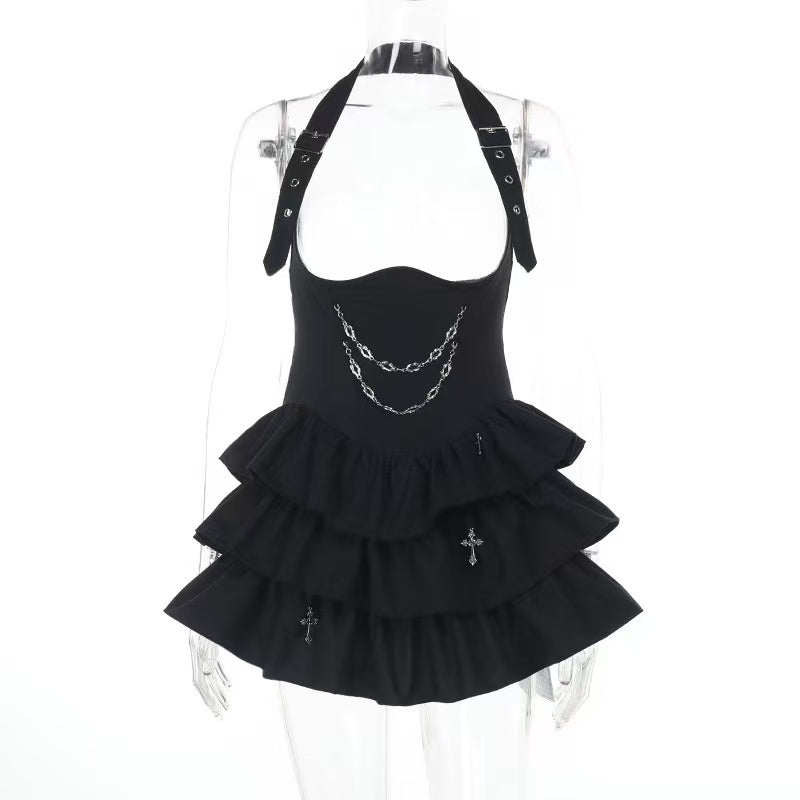 Gothic Chain Cross Halter Ruffle Mini Dress