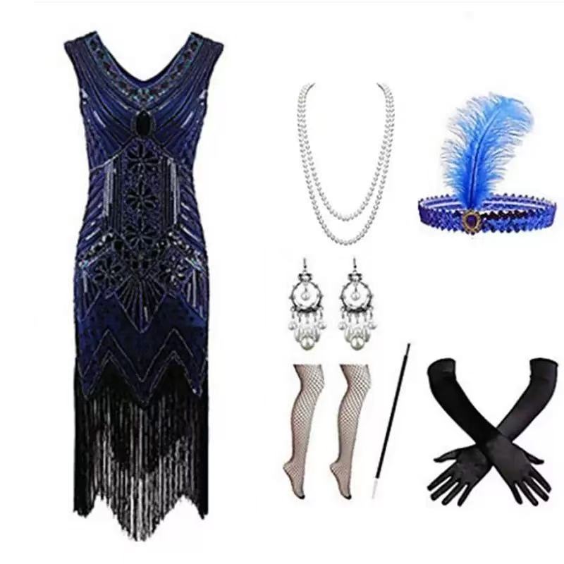 1920s navy blue flapper dress set flat lay showing dress and all accessories