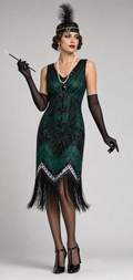 1920s emerald green flapper dress worn by model with full accessories