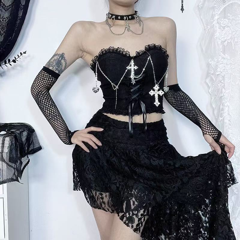 Gothic Cross Chain Lace Bustier Top